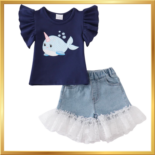 Happy  whale applique ruffle denim shorts