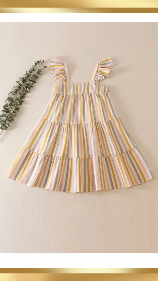 Multicolored stripe tiered ruffle linen dress