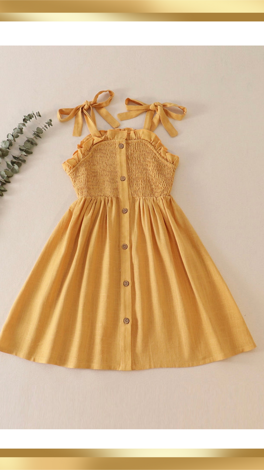 Mustard linen smocked button dress