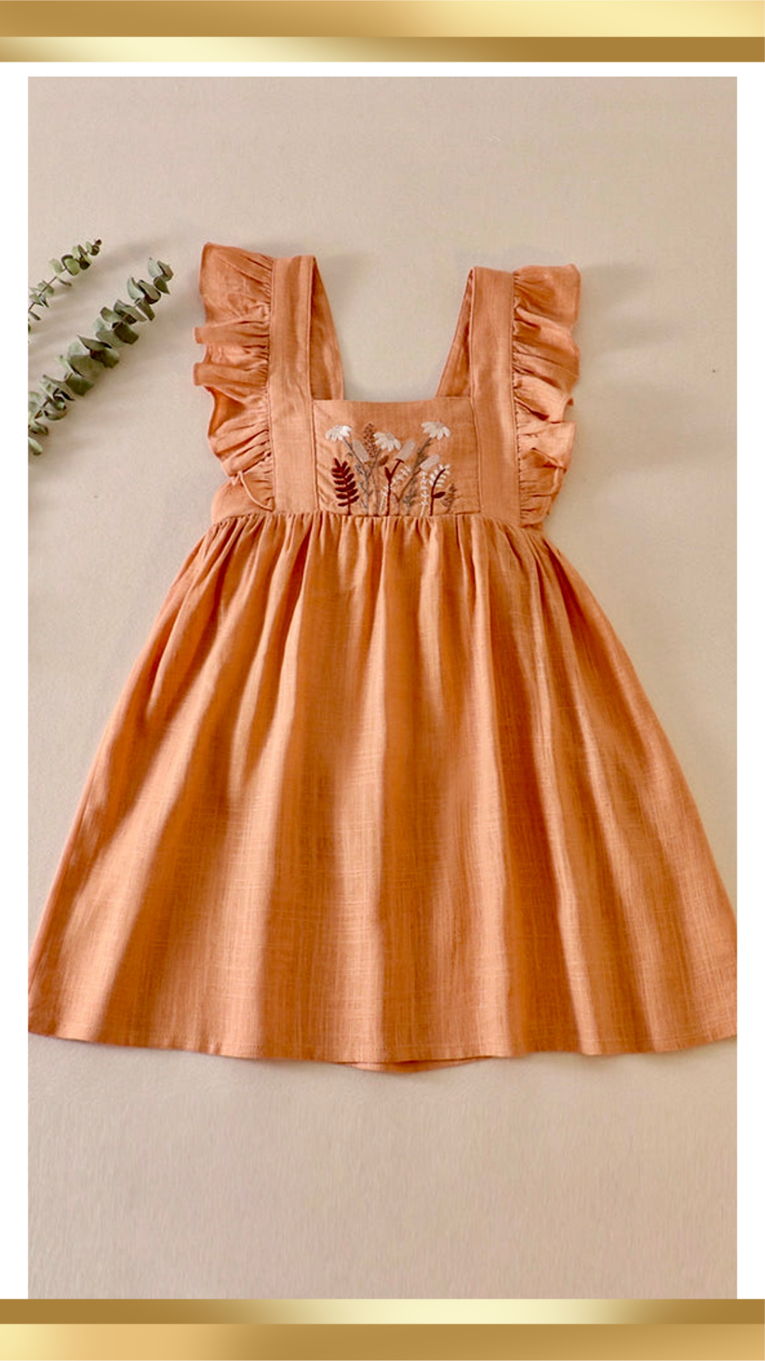 Blush floral embroidery ruffle linen dress